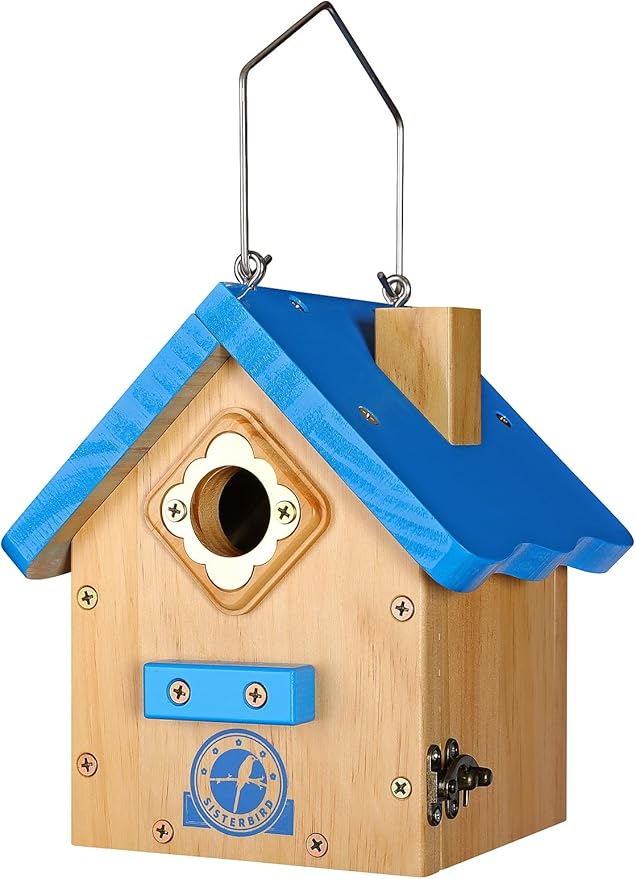 Wren Bird House for Outside, Premium Wooden Wren Bird Houses, Hanging Chickadee Bird House, Weatherproof Garden Decor Birdhouses for Outdoors, Blue Color Roof Bird Nesting Titmouse