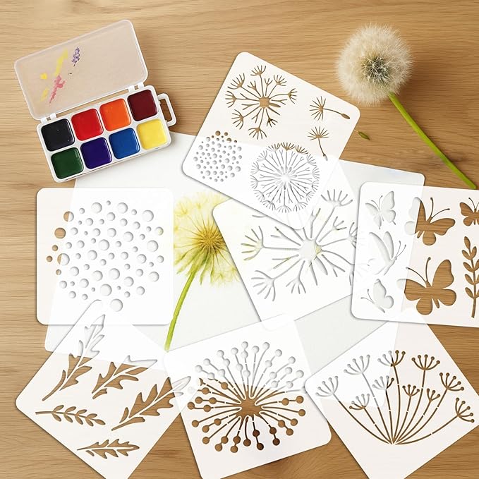 12PCS Large Flower Stencils for Painting on Wood 12 x 12 Inch Dandelion Stencil with Brushes Butterfly Stencil Large Floral Stencils for Walls Garden Fence Furniture Fabric