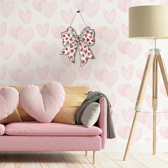 Valentines Day Wall Decor, Valentines Day Door Decorations, Gift for Boyfriend Girlfriend Husband Wife, Coquette Heart Bow Wood Hanging Sign Anniversary Porch Home Bedroom Office Door Decor