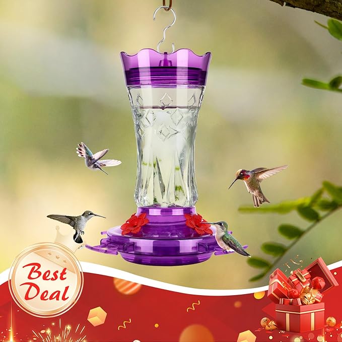 BOLITE Glass Hummingbird Feeders for Outdoors Hanging, Built-in Ant Moat, 4 Bee Guard Feeding Ports with Perches, Leak Proof, 15 Ounces, Stars Decor, Purple, Gifts for Women Men, Gifts for Mom Dad