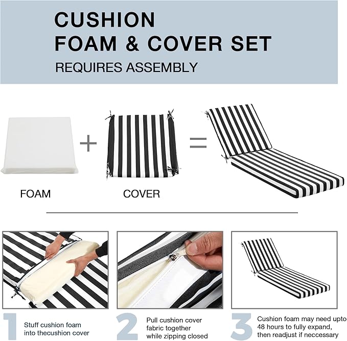 HOMREST 73.2x22.8x3.94 inches Lounge Chair Cushion Set of 2,Outdoor Chaise Lounge Cushion with Splash Fade Tear Resistant Fabric,Black Stripes