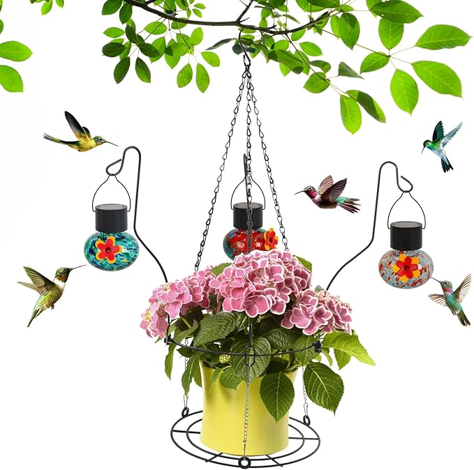 Solar Hummingbird Feeder with Hanging Planter - 3 Glass Balls, Solar Lights, Bee Resistant & Leakproof Design, Outdoor Garden Decor Gift for Bird Lovers