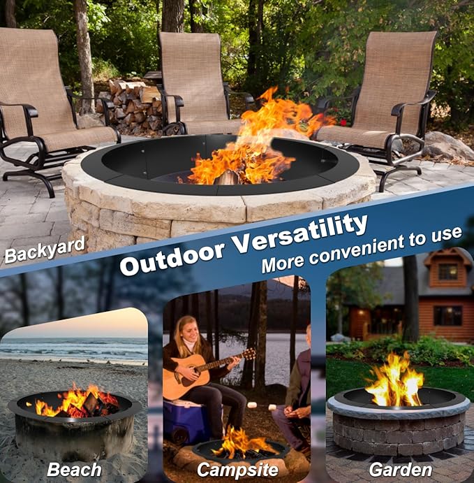 Round Outdoor Fire Pit Ring Insert 31-Inch Inner 35-Inch Outer Diameter, Heavy Duty Metal Steel DIY Firepit Liner Campfire Rings for Outside Wood Burning Above or In-Ground, Black