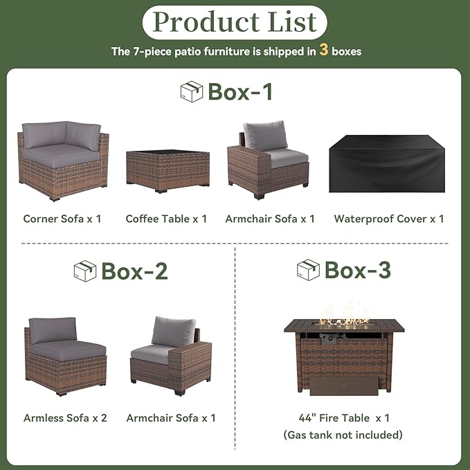 Aoxun 7 Piece Patio Furniture Set with Wide Armrests & 44” Fire Pit Table Wicker Rattan Outdoor Sectional Sofa Set with Coffee Table and Thickened Cushions, Brown/Gray(Waterproof Cover Included)