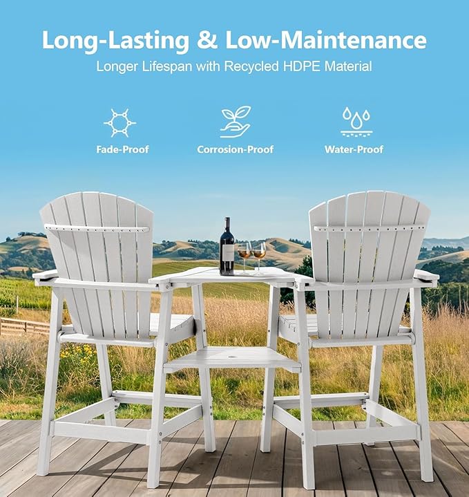 PASAMIC Tall Adirondack Chairs Set of 2, All-Weather HDPE Bar Height Patio Chairs with Double Tray, Heavy-Duty Outdoor Balcony Furniture for Garden, Backyard, White