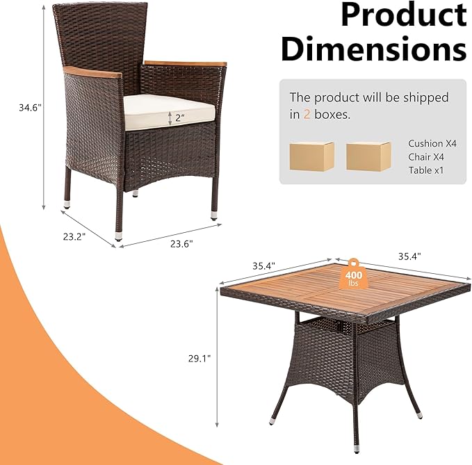 RoyalCraft 5 Piece Patio Wicker Dining Sets for 4, Water-Resistant Rattan Outdoor Dining Table and 4 Chairs with Wood Table Top, Conversation Set for Deck, Garden, Backyard, Removable Cushions, Teak