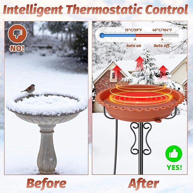 Heated Bird Baths for Outdoors Winter,100W Heated Bird Bath Bowl for Outside Thermostatically Controlled Water Heated Birdbath with Metal 5-Prong Base for Garden Patio Yard (Brown)