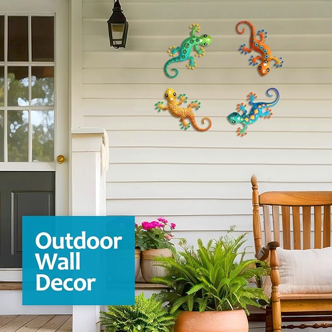 4 Pcs Metal Gecko Outdoor Decorations - Metal Wall Art Hanging Sculpture Decoration for Garden Yard Fence Porch Wall Decor, Gift for Mom Dad Friends