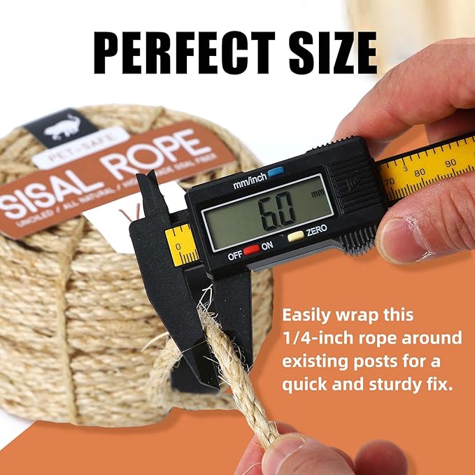 Twisted Sisal Rope 1/4" x 100ft - All Natural Chemical Free, Cat Tree Rope Twine for Scratching Post Repair, Replacement, and Crafts Gardening Home Decorating