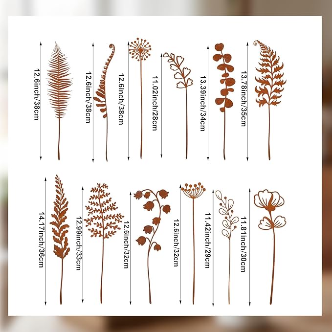 12 Pack Rusty Metal Garden Stakes, Rustic Garden Decor Decorative Metal Wildflower for Outside Plants Stakes Iron Art Outdoor for Lawn Yard Walkway