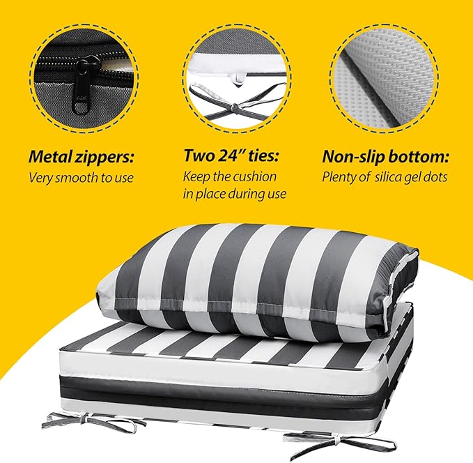 AAAAAcessories Outdoor Deep Seat Cushions, Waterproof, Fade-Resistant Patio Furniture Replacement Cushions, 25.5" x 25.5" x 5" + 25.5" x 13.5", Set of 4, Gray Cabana Stripe