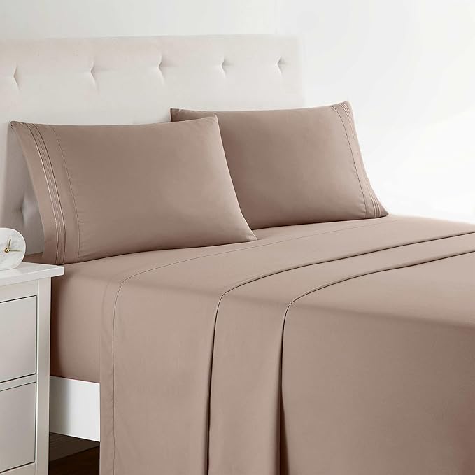 Clara Clark Bed Sheets, Premier 1800 Series 4 Piece Bed Sheet Set, Deep Pocket, Wrinkle, Fade, Stain Resistant, Luxury Soft Bedding Sheets & Pillowcases, Full, Taupe Sand