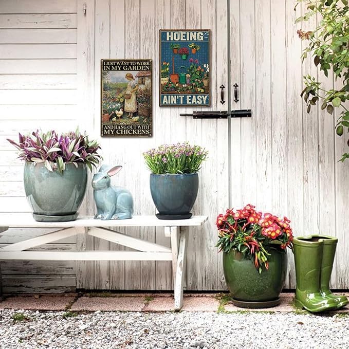Funny Garden Sign – I Just Want to Work in My Garden and Hang Out with My Chickens | 12x8″ Vintage Metal Sign for Outdoor Decor - Gardening Gift for Women Chicken & Plant Lovers, 2486