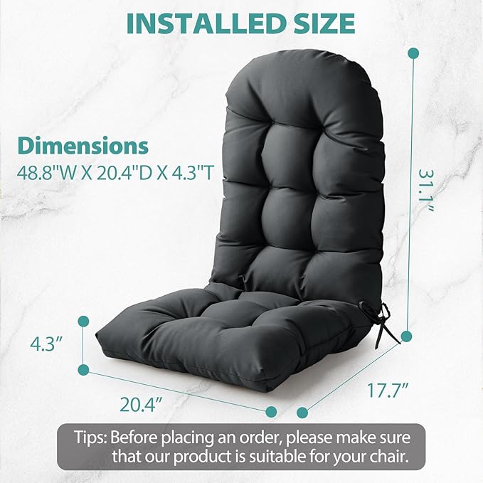 Adirondack Chair Cushion, High Back Patio Cushions with Adjustable Ties, 48.8 x 20.4 x 4.3, Waterproof Tufted Pillow, Fade Resistant Seat Rocking Chair Cushion for Indoor/Outdoor, Dark Gray,1