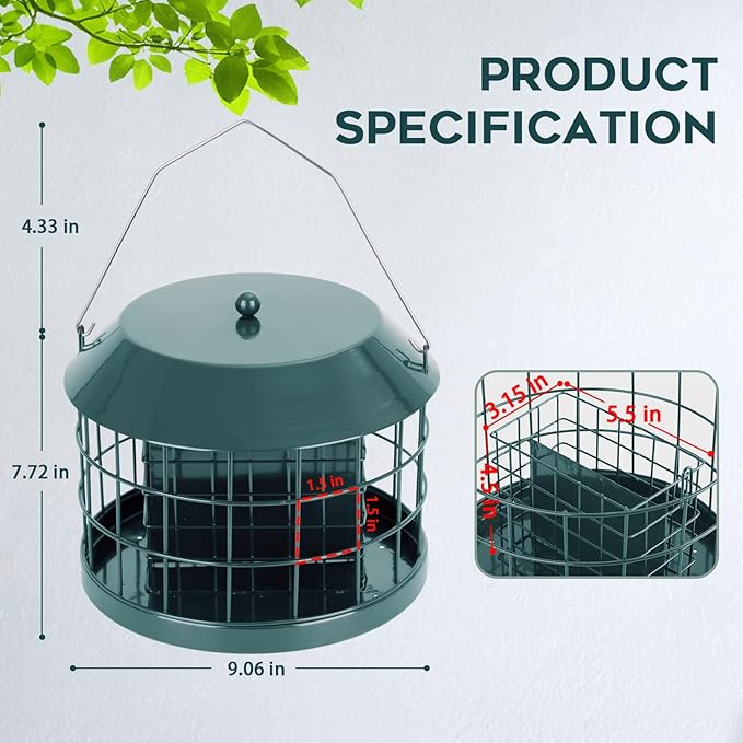 Caged Suet Bird Feeder for Outdoors Hanging, Squirrel Proof Double Suet Feeder for Small Birds, Metal Cage with Detachable Hook, Large Space, Outdoors Weatherproof, Green