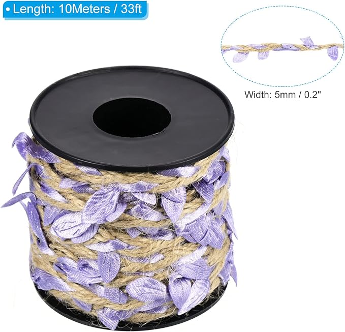 PATIKIL 33ft 5mm Burlap Leaf Ribbon, Braided Decoration Vine Natural Jute Rope Twine with Artificial Leaves for Jungle Wedding Party Home Garden Decor, Light Purple