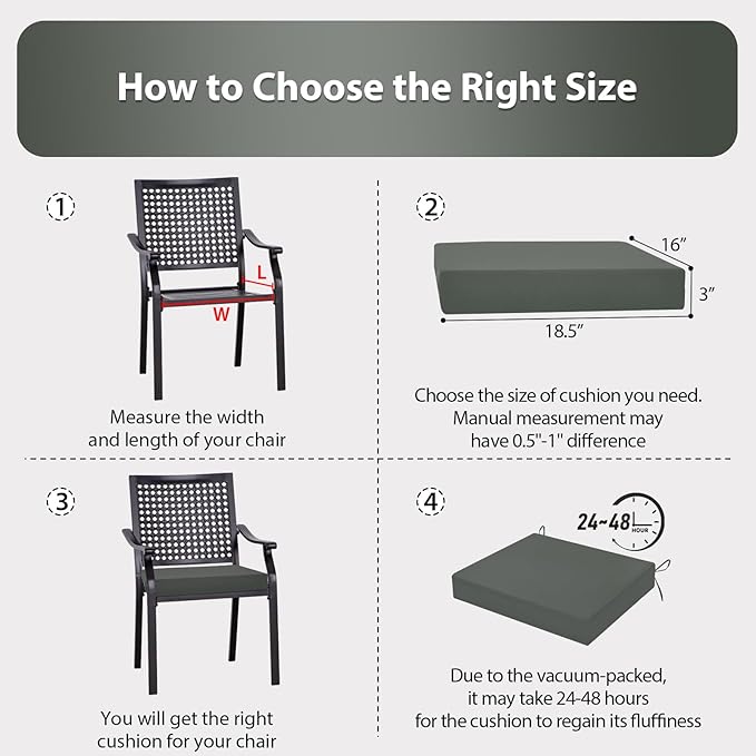 Outdoor Chair Cushions Set of 4, 18.5 x 16 Inch Patio Chair Cushions for Outdoor Furniture, Water Resistant, Non-Slip Ties(Dark Gray)
