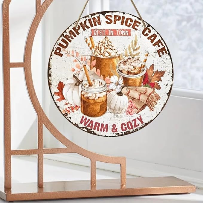 Metal Retro Shell Gasoline Wall Art, Creativity Art Decorations, Garden Sign Outside Decor，Wall Sculpture， Hanging Sculpture for Living Room Dining Room Bedroom Yard Outdoor Decor (Halloween Pumpkin Cafe)