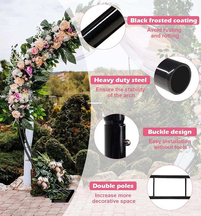Queension Extra Large Wedding Arch for Ceremony 8.5Ft Wide 7.4Ft High, Metal Balloon Arches Backdrop Stand with Base for Party Supplies, Outdoor Garden Trellis for Climbing Plant, Round Frame, Black