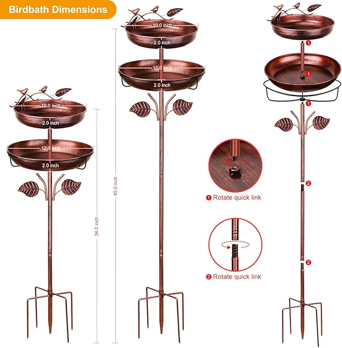 Bird Bath for Outside,48in Vintage Freestanding,Birdbaths for Outdoors, Birds Feeder,Double-Layer Metal Bowl Bird Bath Stand for Garden Yard Patio Decor,Solid Five-pronged Hard Base(Antique Bronze)