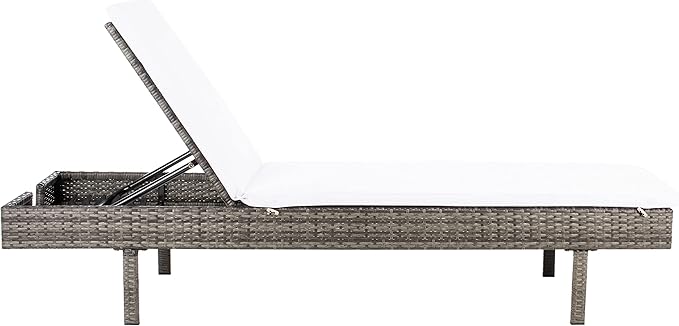 SAFAVIEH Outdoor Collection Cam Grey Brown Wicker/White Cushion Adjustable Chaise Lounge Chair, Black/Beige (PAT7501C)