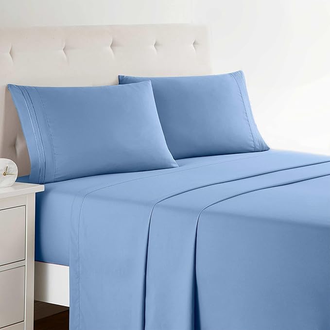 Clara Clark Bed Sheets, Premier 1800 Series 4 Piece Bed Sheet Set, Deep Pocket, Wrinkle, Fade, Stain Resistant, Luxury Soft Bedding Sheets & Pillowcases, Twin, Blue Heaven