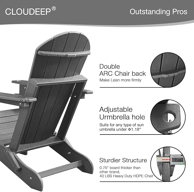 Folding Adirondack Chairs Set of 2, HDPE Fire Pit Chairs Weather Resistant, Composite Foldable Adirondack Patio Chair with Cup Holder and Umbrella Hole, Grey