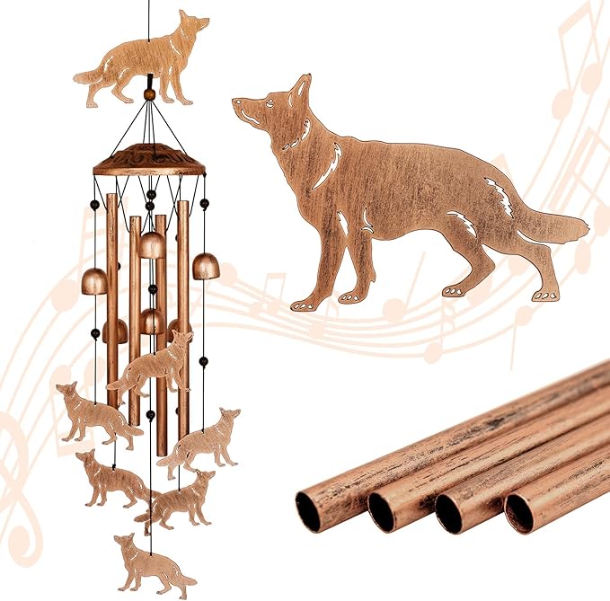 German Shepherd Wind Chimes for Outside, Metal Windchimes Outdoors, Shepherd Gifts for Women/Men, Memorial/Birthday Gifts, Garden Decor for Outside, Patio or Yard, Durable Chimes for Outdoors