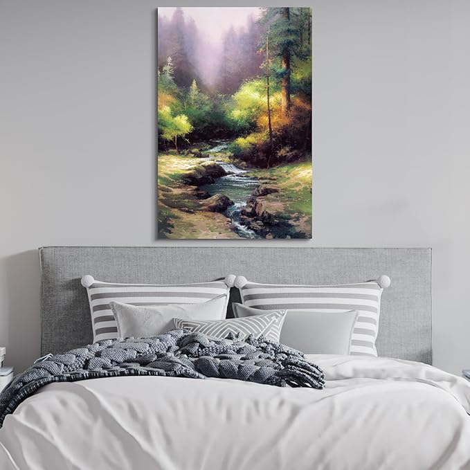 STUDIO HAVEN Thomas Kinkade Canvas Wall Art, Serene Woodland River Cascading Waterfalls Misty Greenery Oil Painting Poster Tranquil Nature Wall Decor, Framed Prints for Home Decor, 12x16Inch