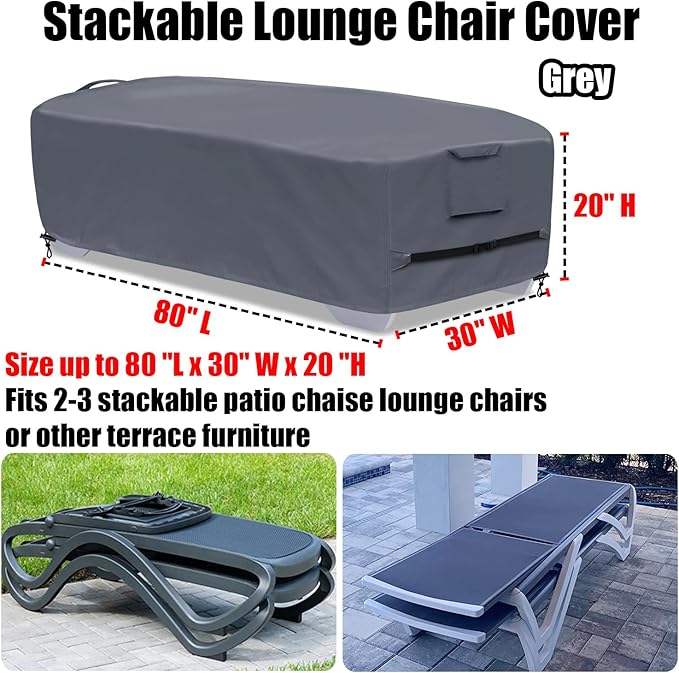 Stackable Chaise Lounge Covers for 2-3 Stackable Patio Lounge Chair, 600D Weather-Resistant Polyester Fabric, Outdoor Furniture Storage Cover for Stackable Lounge Chair - 80"L x 30"W x 20"H, Gray
