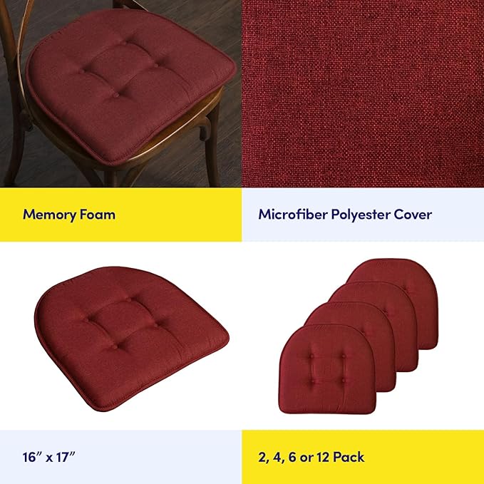 Sweet Home Collection Chair Cushion Memory Foam Pads Tufted Slip Non Skid Rubber Back U-Shaped 17" x 16" Seat Cover, 12 Count (Pack of 1), Wine Burgundy