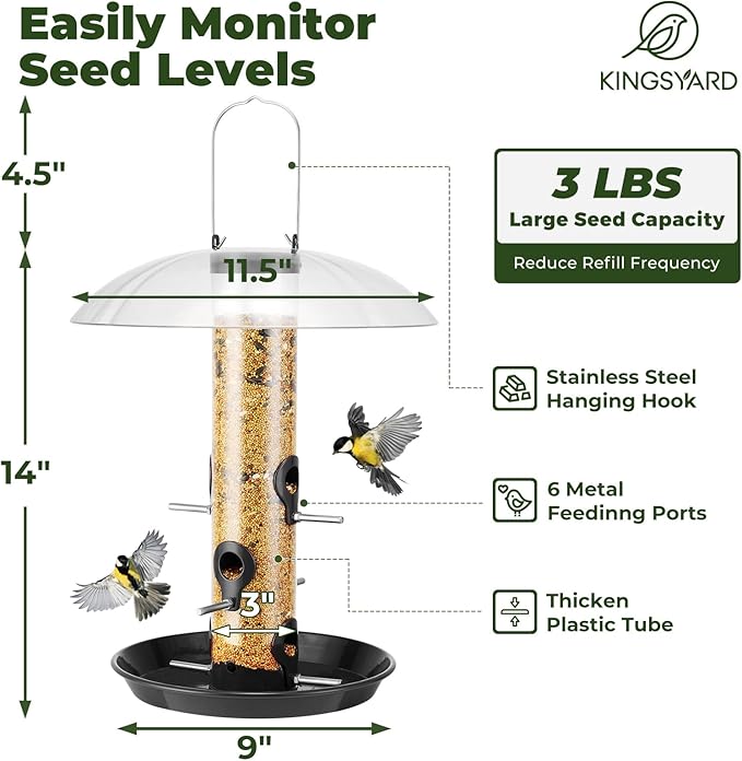 Kingsyard Metal Bird Feeders for Outdoors Hanging, Wild Bird Feeder with Large 11.5" Protective Dome and 8" Removable Tray, 3 lb Seeds Capacity (Black)