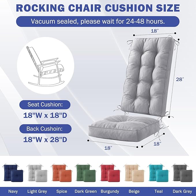 Rocking Chair Cushion, Waterproof and Fade-Resistant Patio Chair Cushions, Tufted Chair Pads for Rocker Furniture, 18x18 Inch, Indoor/Outdoor Seat Cushions with Ties, Light Grey