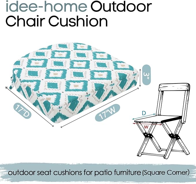idee-home Outdoor Chair Cushions Set of 4, Thick 17" x 17" x 3" Outdoor Seat Cushions Patio Furniture Waterproof with Ties, Dining Pads