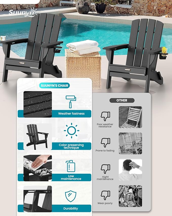 Folding Adirondack Chair 6 Pack, HDPE All-Weather Fire Pit Chairs, Plastic Adirondack Chairs with 2 Cup Holder, Outdoor Lawn Chair for Patio Garden (Black)