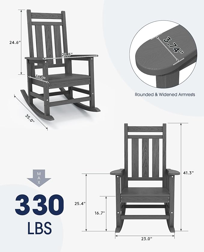 KINGYES Outdoor Rocking Chair, All-Weather Patio Rocking Chairs for Porch, HDPE Rocking Outdoor Chairs with High Back for Adult, Heavy Duty Outdoor Patio Rockers for Garden, Lawn, Gray