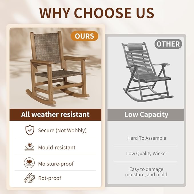 Rocking Chair Outdoor 1 PCS, Wicker Rocking Chair for Outside, Woven Seat & Back, All Weather Ratten Outdoor for Porch, Garden, Lawn, and Balcony (Brown)