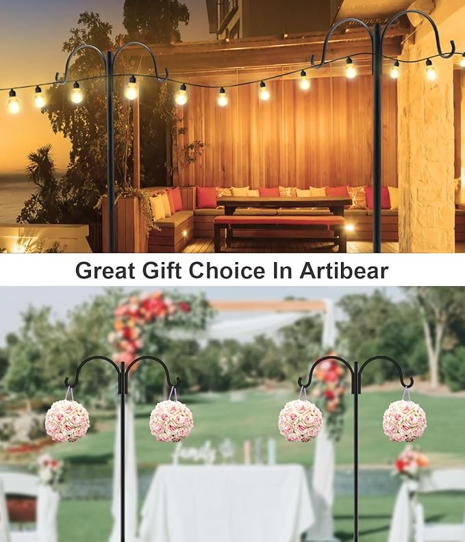 Artibear Double Shepherd Hooks for Outdoor, 92" Heavy Duty Bird Feeder Hangers Garden Hooks with 5-Prong Base, Outside Hanging Pole for Plant Baskets, Solar Light Lanterns, Wind Chimes, 2 Pack