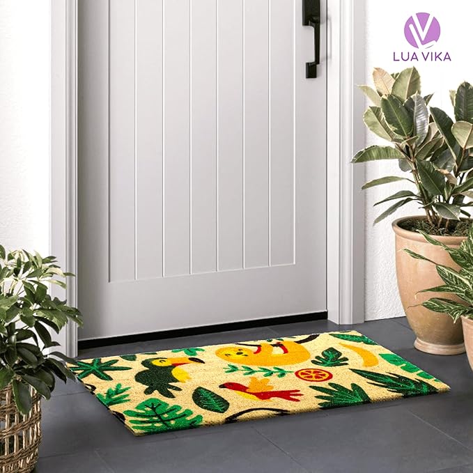 Coir Door Mat for Outside Entrance, Welcome Indoor Outdoor Doormat, Funny Front Door Mats 16"x27.5" (Jungle)