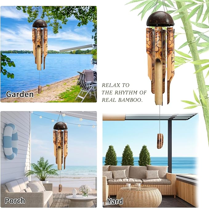 ASTARIN Bamboo Wind Chimes for Outside,Handcrafted Wooden Wind Chimes for Outside with Coconut Crown, Floral Burned Design Bamboo Windchimes for Garden,Yard,Home(44 Inch) (FSC Certified)