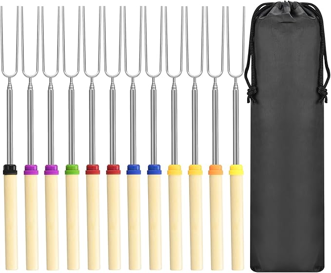 12 Pack Marshmallow Roasting Sticks Set, Extendable 32in Long Metal Barbecue Skewers with Wooden Handle, for Marshmallow, Hot Dogs, Camping, BBQ, Grill
