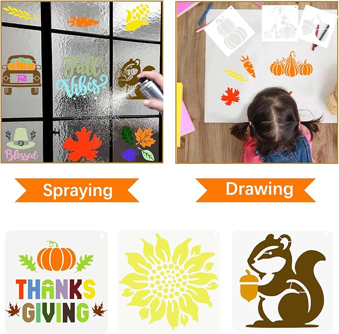 25 Pcs Thanksgiving Fall Stencils Reusable, 6x6 in Autumn Drawing Stencils for Painting on Wood, Pumpkin Maple Spraying Templates for DIY Greeting Cards Holiday Crafts Canvas Fabrics Wall Door Decors