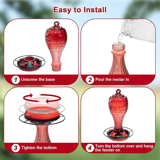 20 OZ Glass Hummingbird Feeders for Outdoors Hanging - Hand-Blown Vibrant Red Reflective Fish-Scale Design - Attracts More Hummingbirds - Leak-Proof Silicone Seal & Ant Moat - Gift for Mom