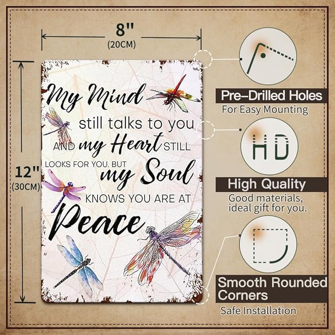 YOYI ART Metal Dragonfly Wall Decor Sign - My Mind Still Talks to You, Vintage Tin Signs for Home, Bedroom, Kithcen, Garden, Patio and Yard Wall Art Accessories, Gifts for Women, 8 x 12 inch