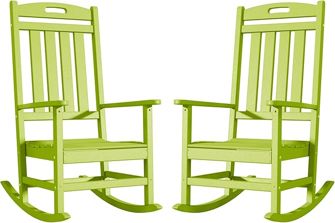 Outdoor Rocking Chair Set of 2, High Back Plastic Patio Rocking Chairs for Outside Porch Rocker Garden Lawn, All-Weather Resistant Poly Lumber Rocker Chair Outdoor, Lime