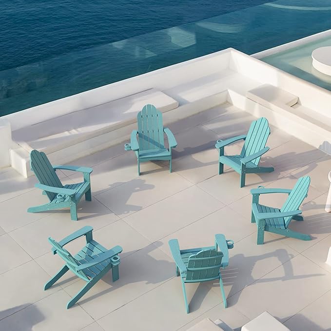 LUE BONA HDPS Adirondack Chairs Set of 6, Fire Pit Outdoor Chair Weather Resistant with Cup Holder, Modern Plastic Chair Plastic for Patio, Deck, Proch, 350LBS, Blue Turquoise