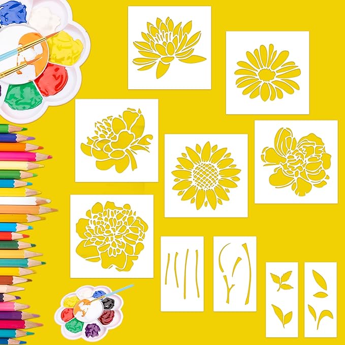 10Pcs Large Flower Stencils for Painting, 14 inch Floral Templates Drawing Patterns for Walls Fabric Wood Furniture Garden Fence Sunflower DIY Decor