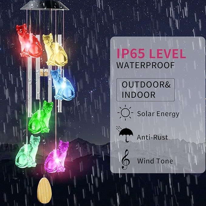 Cat Solar Wind Chimes for Outside - AIONASA Color Changing LED Solar Hanging Lights Outdoor, Waterproof Windchimes Outdoors Hanging Gifts for Mom Grandma Women, Home Garden Patio Yard Porch Decoration