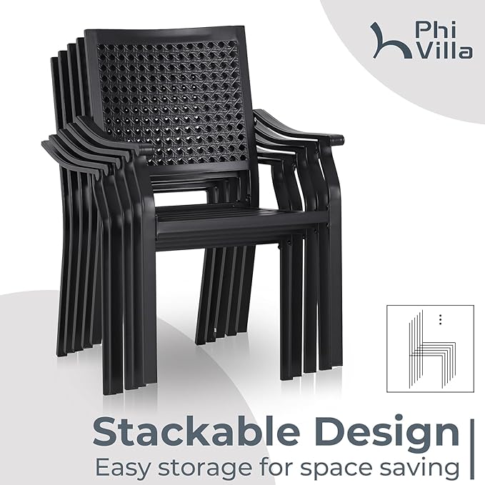 PHI VILLA 9 Pieces Outdoor Dining Set for 8, 83" Rectangular Metal Dining Table with Umbrella Hole & Stackable Wrought Iron Chairs with Cushions, Large Furniture Set for Patio, Deck, Yard, Porch
