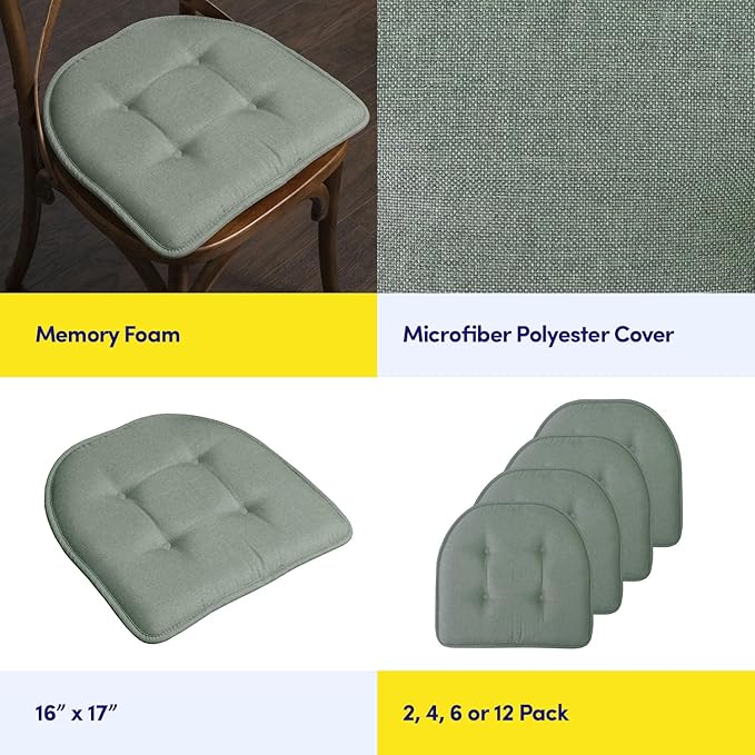Sweet Home Collection Chair Cushion Memory Foam Pads Tufted Slip Non Skid Rubber Back U-Shaped 17" x 16" Seat Cover, 6 Pack, Scuba Green